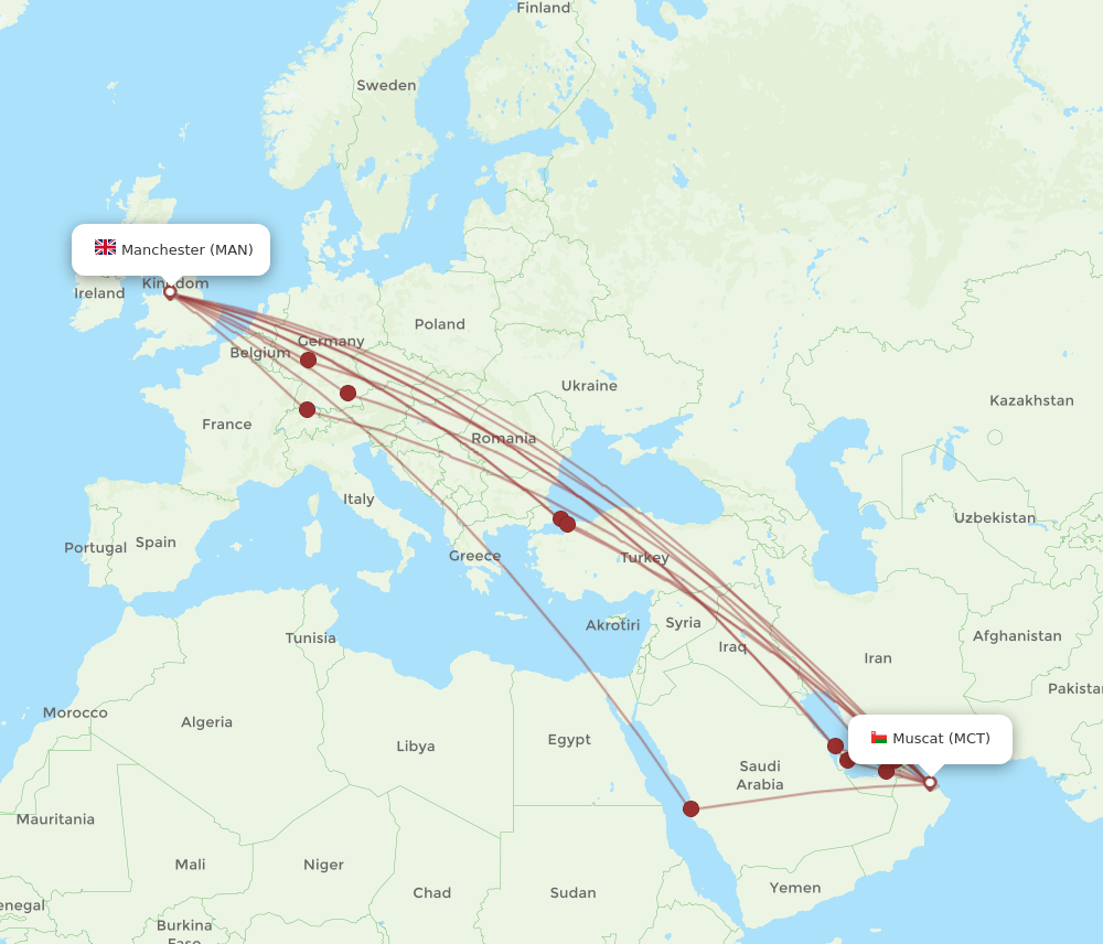 MAN to MCT flights and routes map