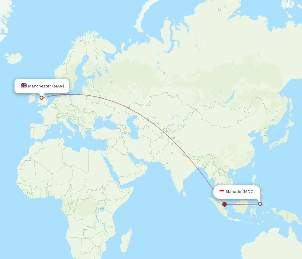 Manado - Manchester route map and flight paths