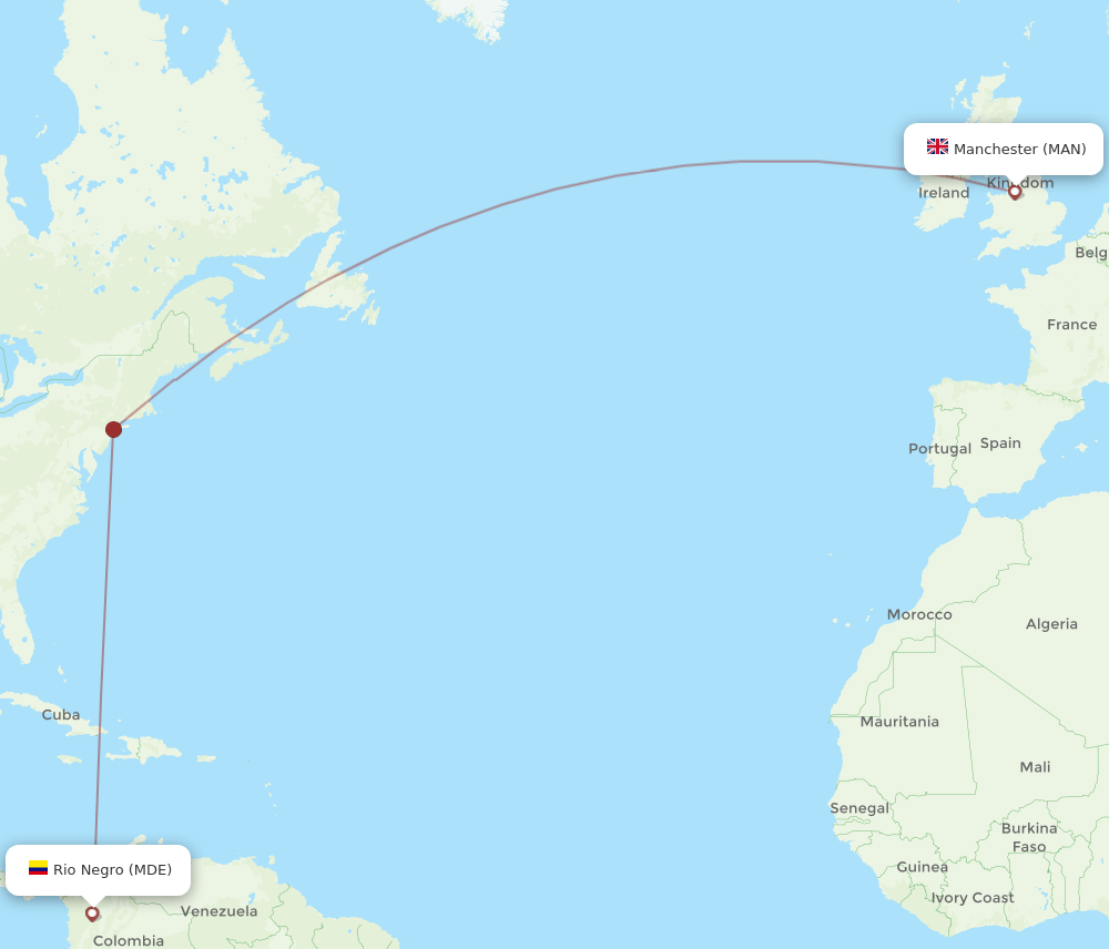 Medellin - Manchester route map and flight paths