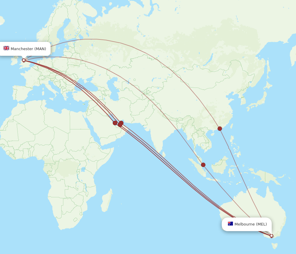 MAN to MEL flights and routes map
