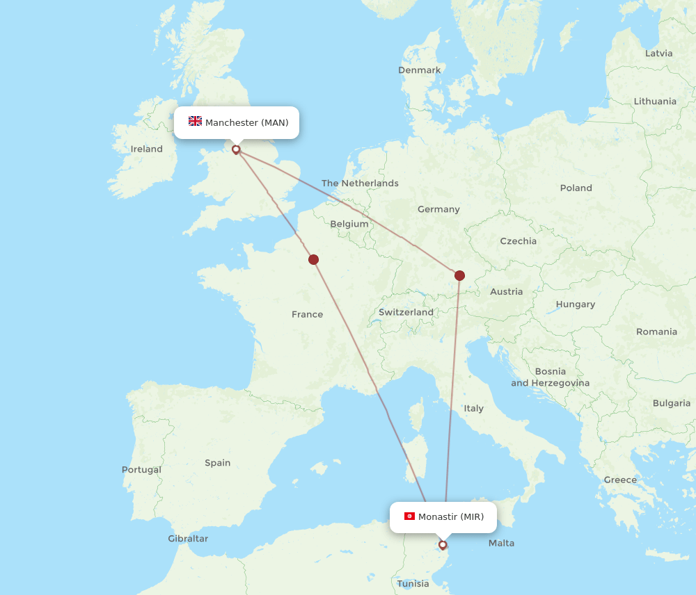 MAN to MIR flights and routes map