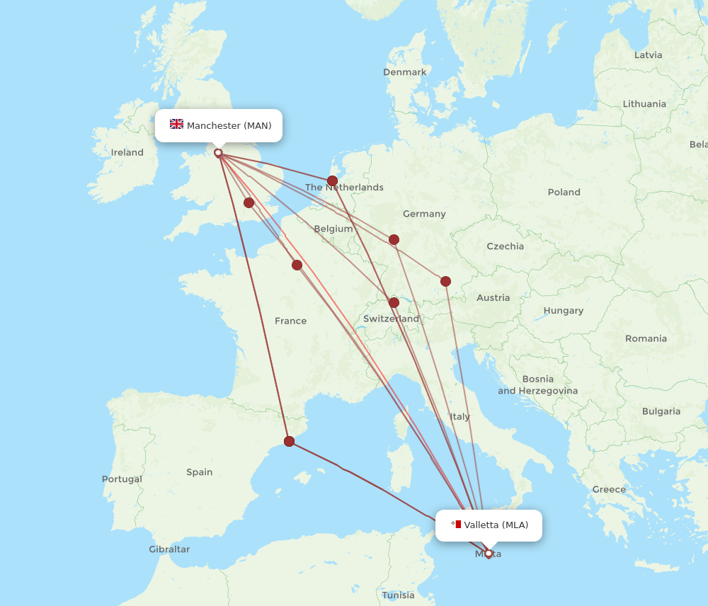 MAN-MLA flight routes