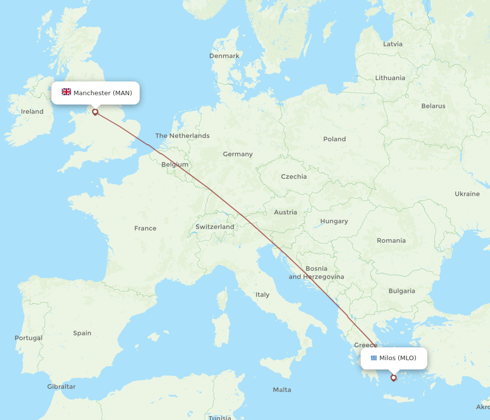 MAN to MLO flights and routes map