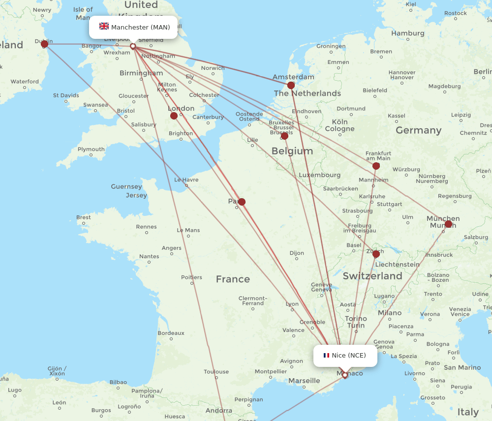 MAN to NCE flights and routes map