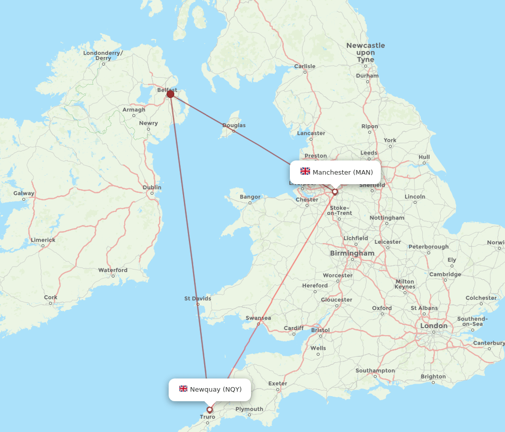 MAN to NQY flights and routes map