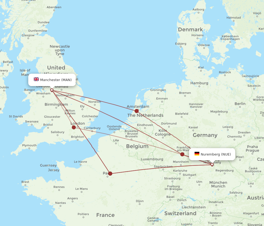 MAN to NUE flights and routes map