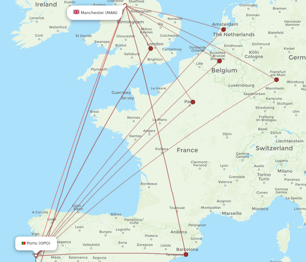 MAN to OPO flights and routes map