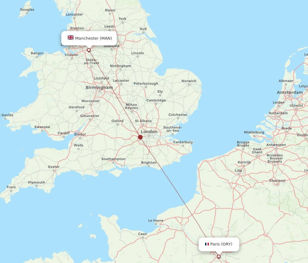 Manchester - Paris route map and flight paths
