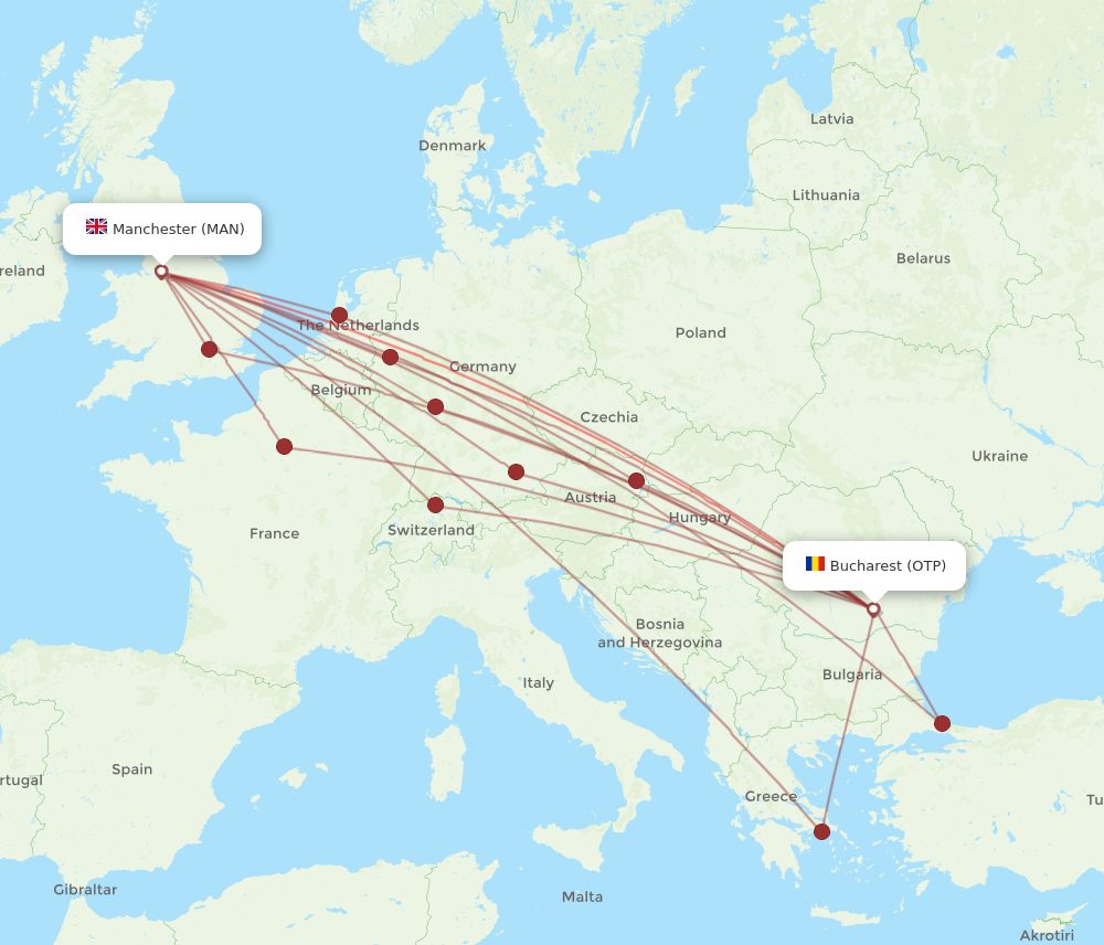 MAN to OTP flights and routes map