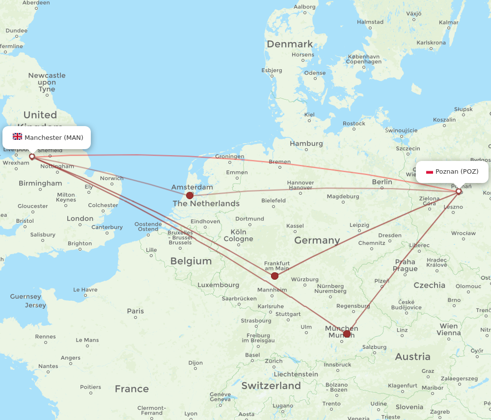 MAN to POZ flights and routes map