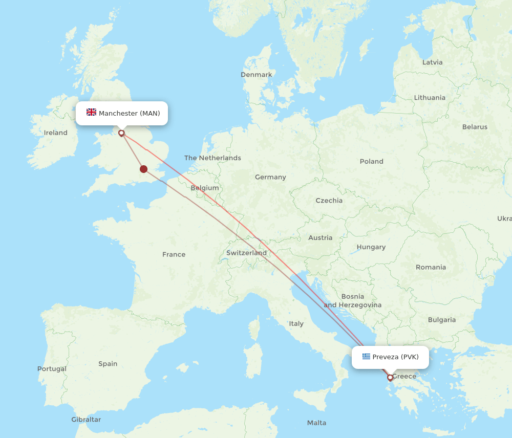 MAN to PVK flights and routes map