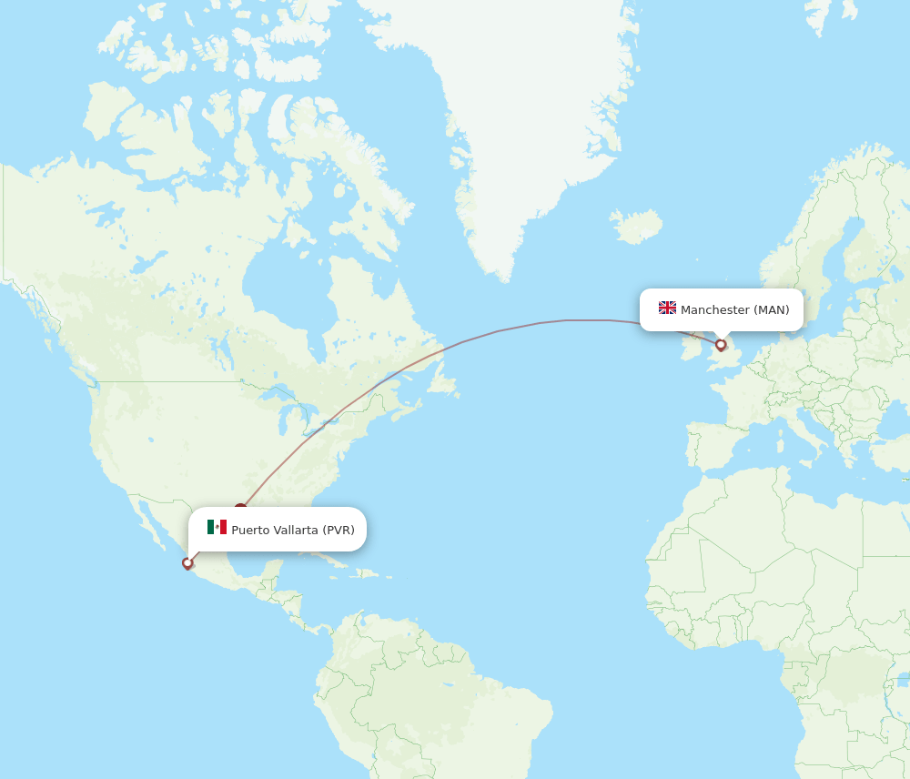 Manchester - Puerto Vallarta route map and flight paths