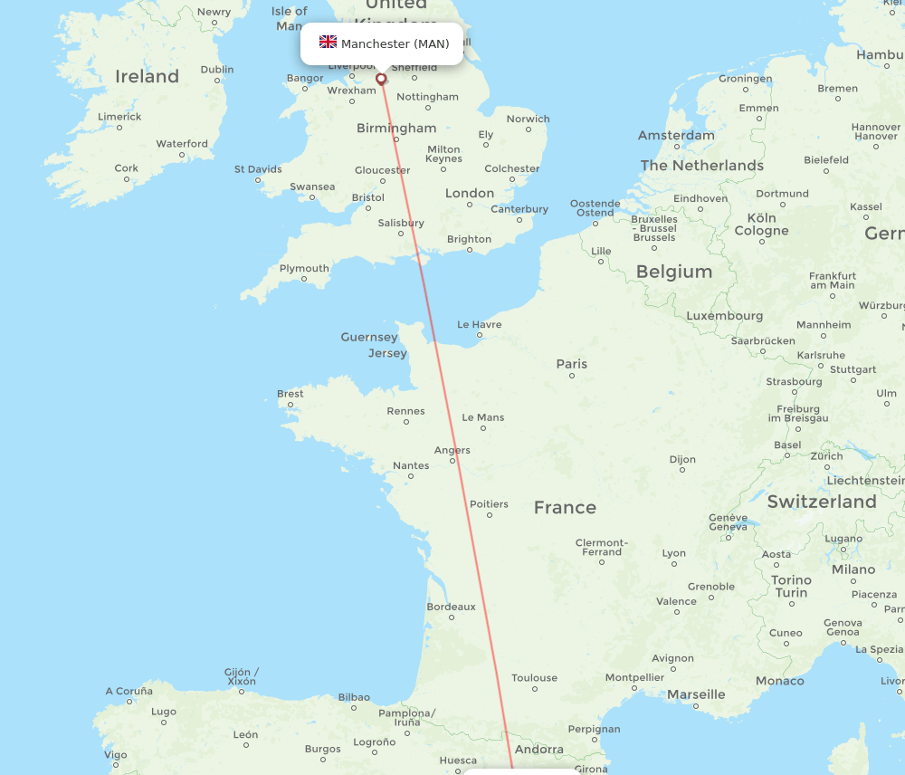 Manchester - Reus route map and flight paths