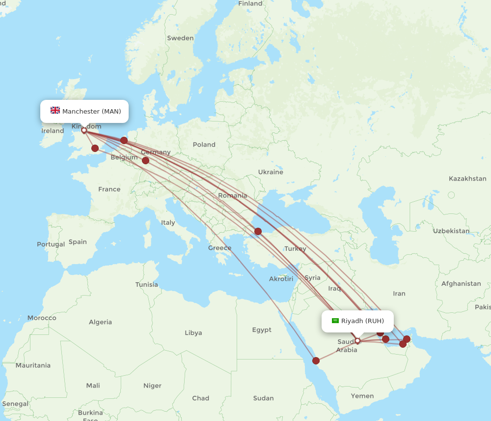 MAN to RUH flights and routes map