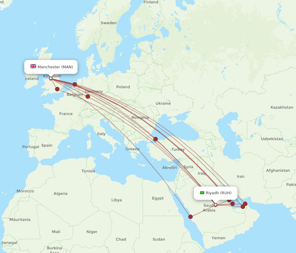 MAN to RUH flights and routes map