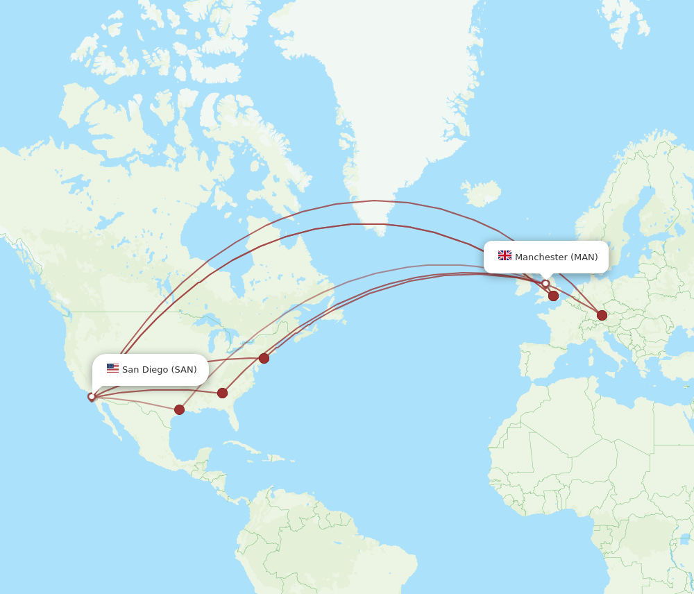 MAN to SAN flights and routes map