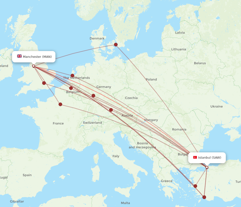 MAN to SAW flights and routes map
