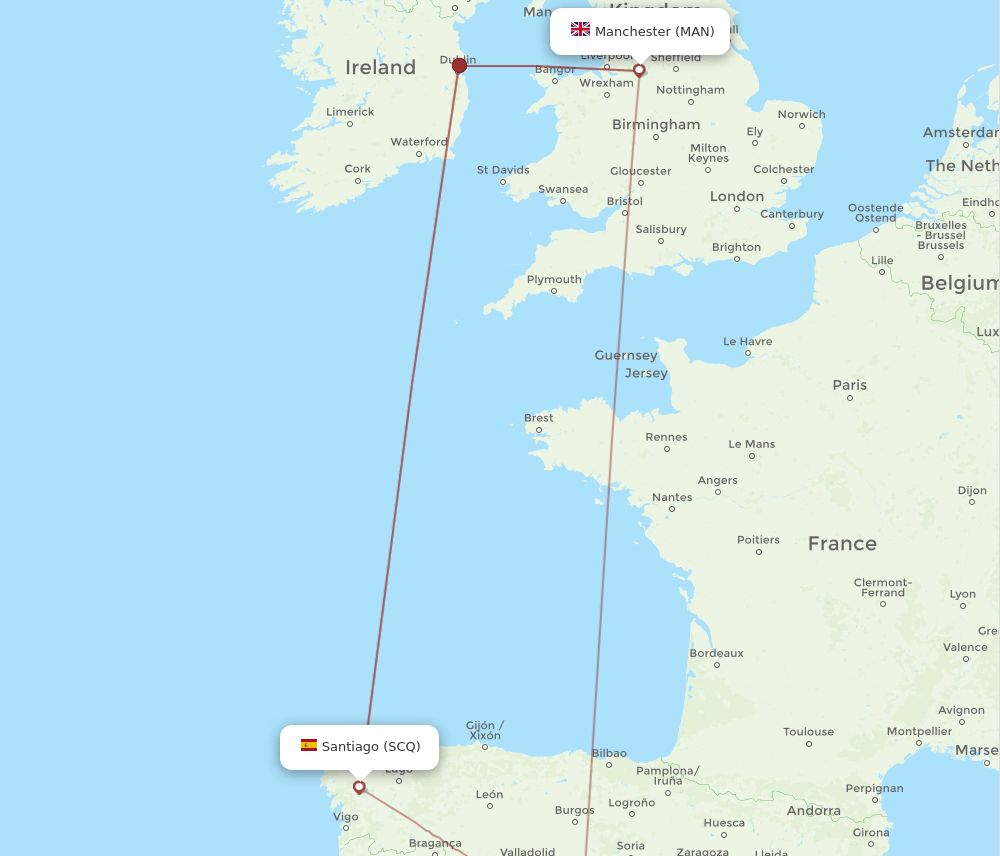 MAN to SCQ flights and routes map