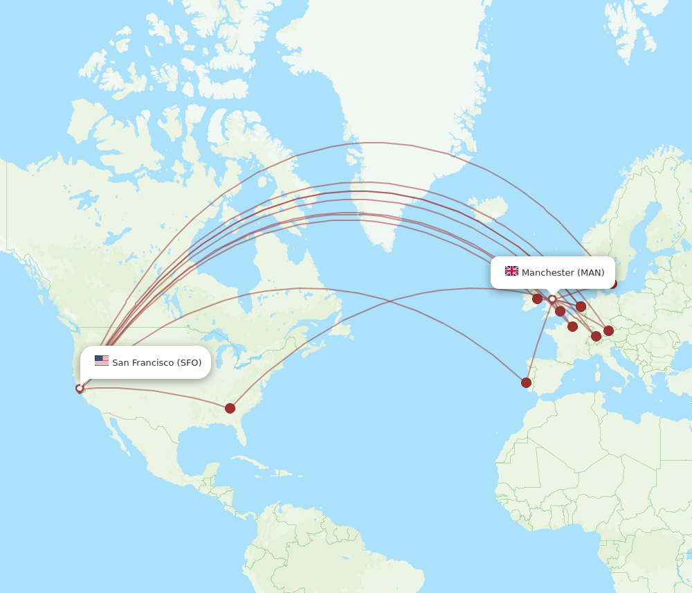 MAN to SFO flights and routes map