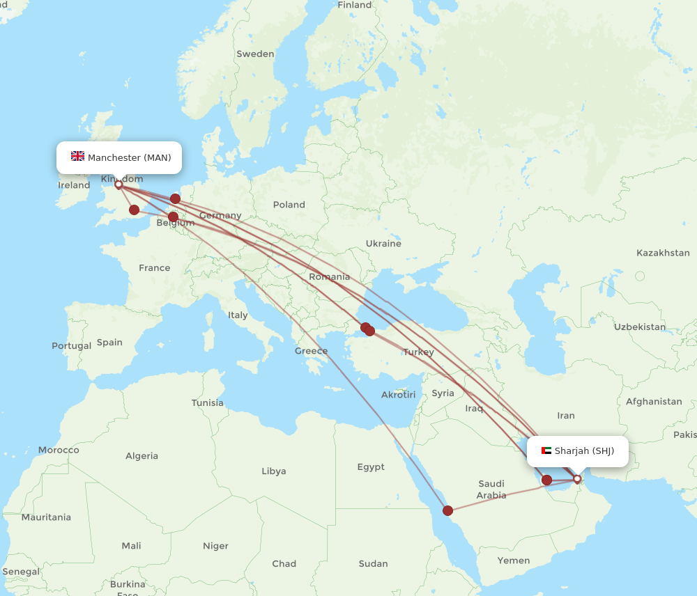 MAN to SHJ flights and routes map