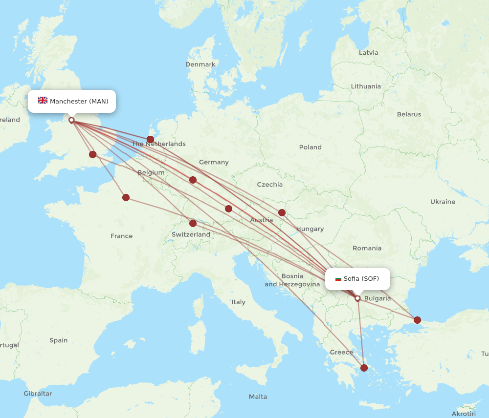 MAN-SOF flight routes