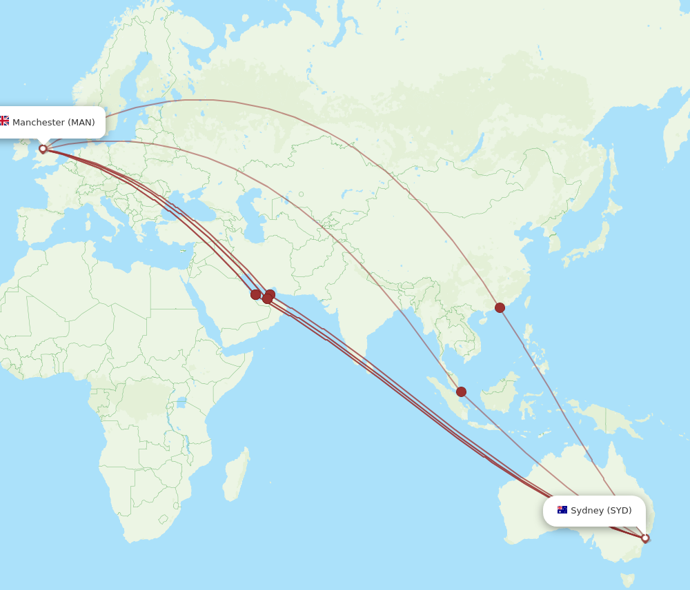 MAN to SYD flights and routes map