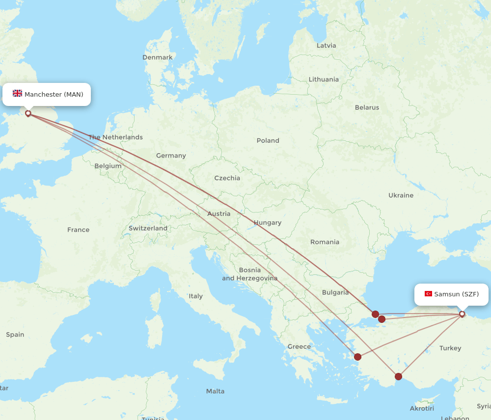 MAN-SZF flight routes