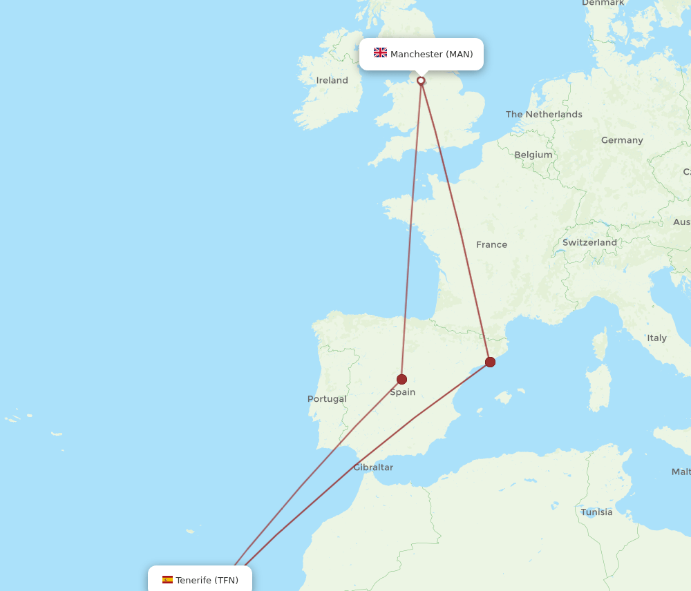 MAN to TFN flights and routes map