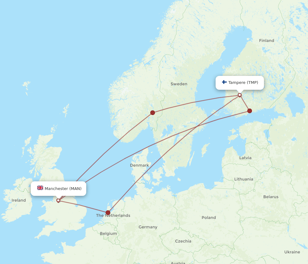 Manchester - Tampere route map and flight paths