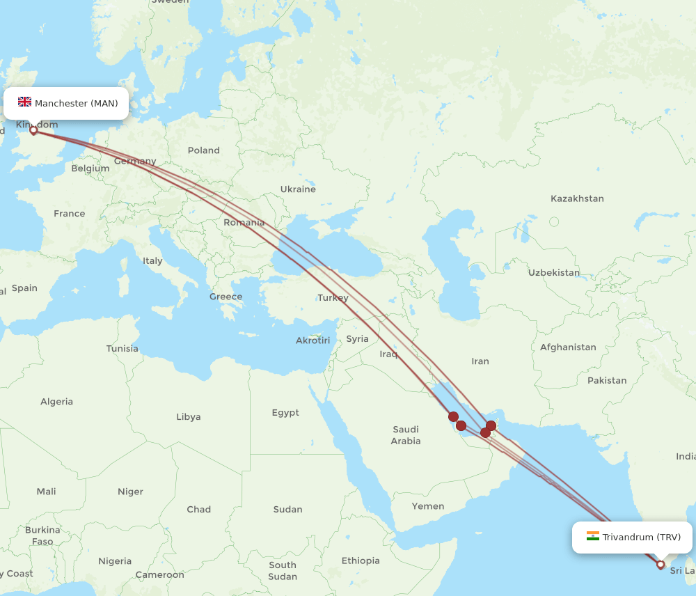 MAN to TRV flights and routes map