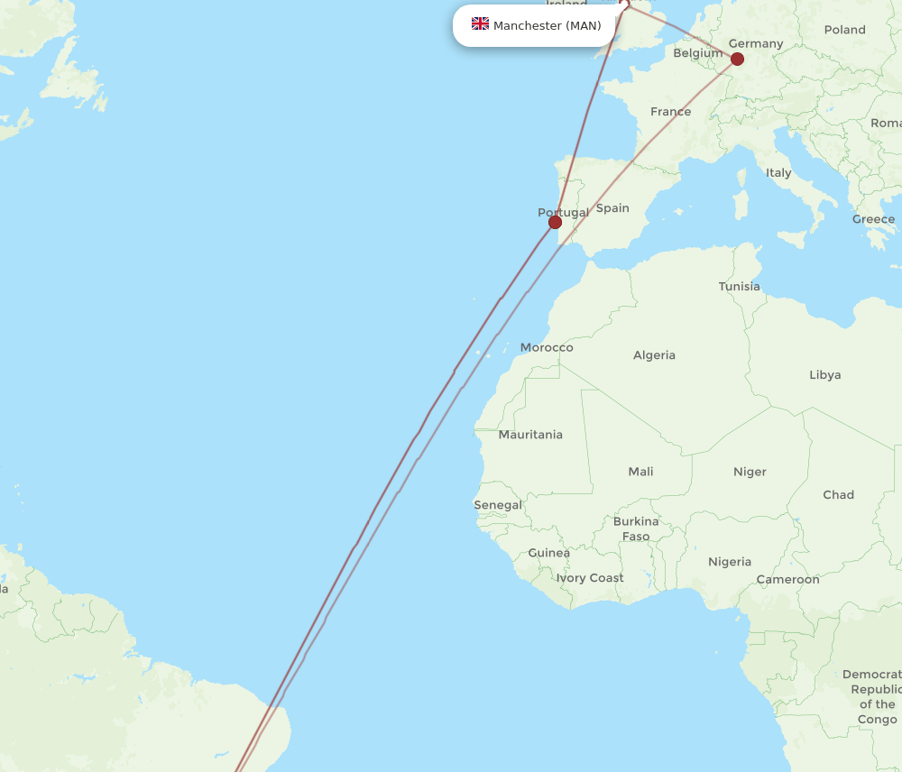 Manchester - Campinas route map and flight paths