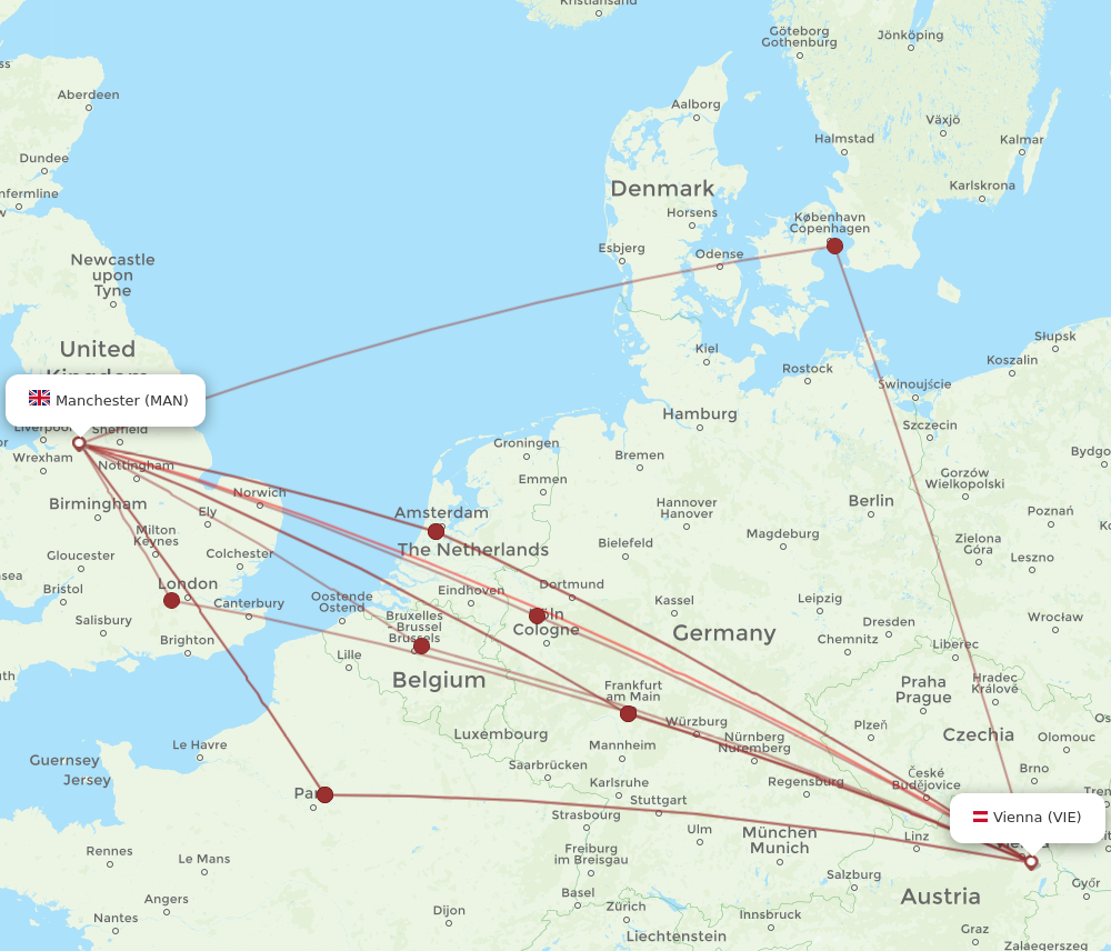 MAN to VIE flights and routes map