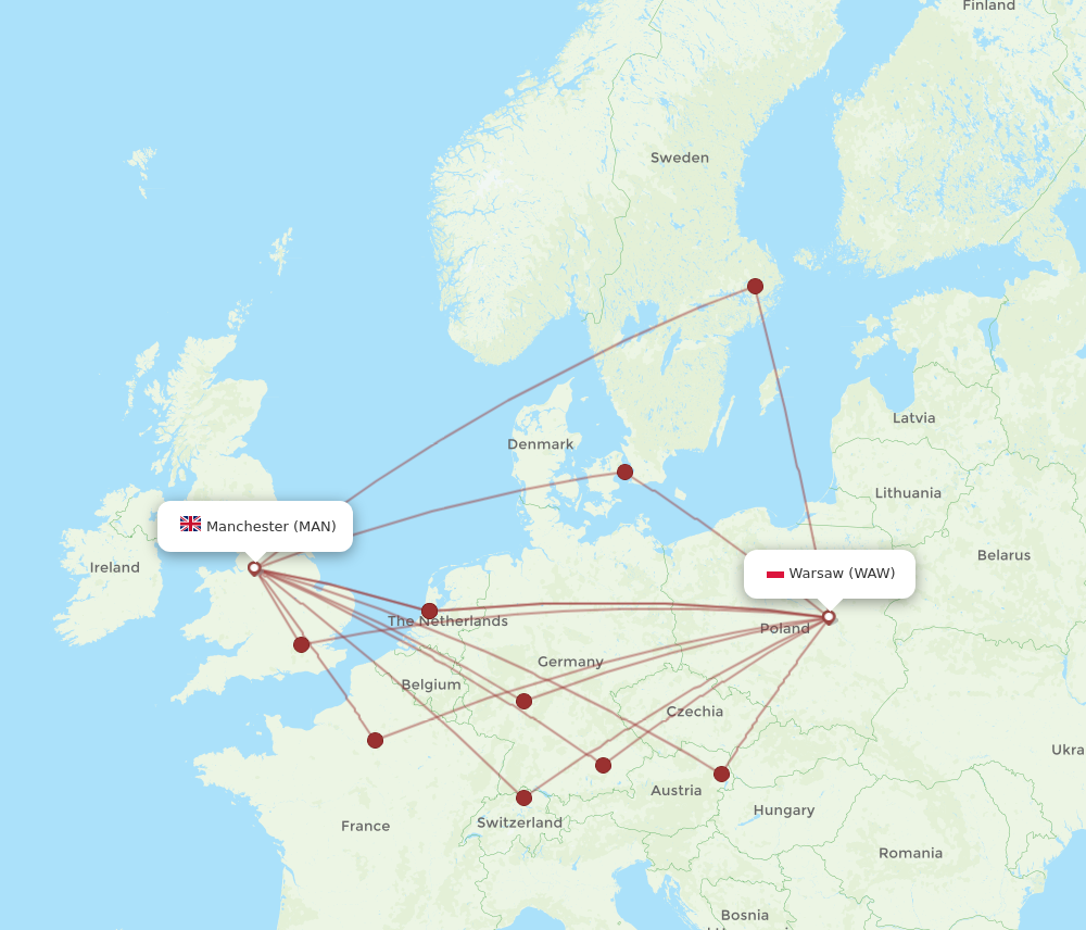 MAN to WAW flights and routes map