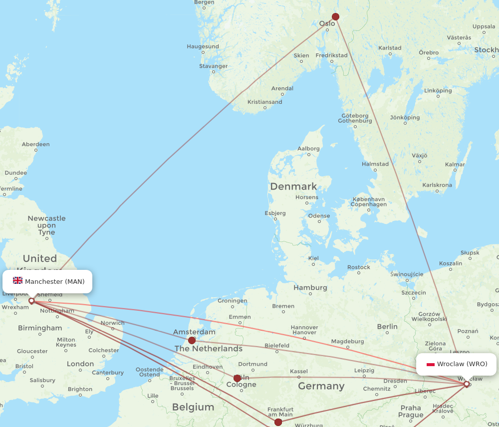 MAN to WRO flights and routes map