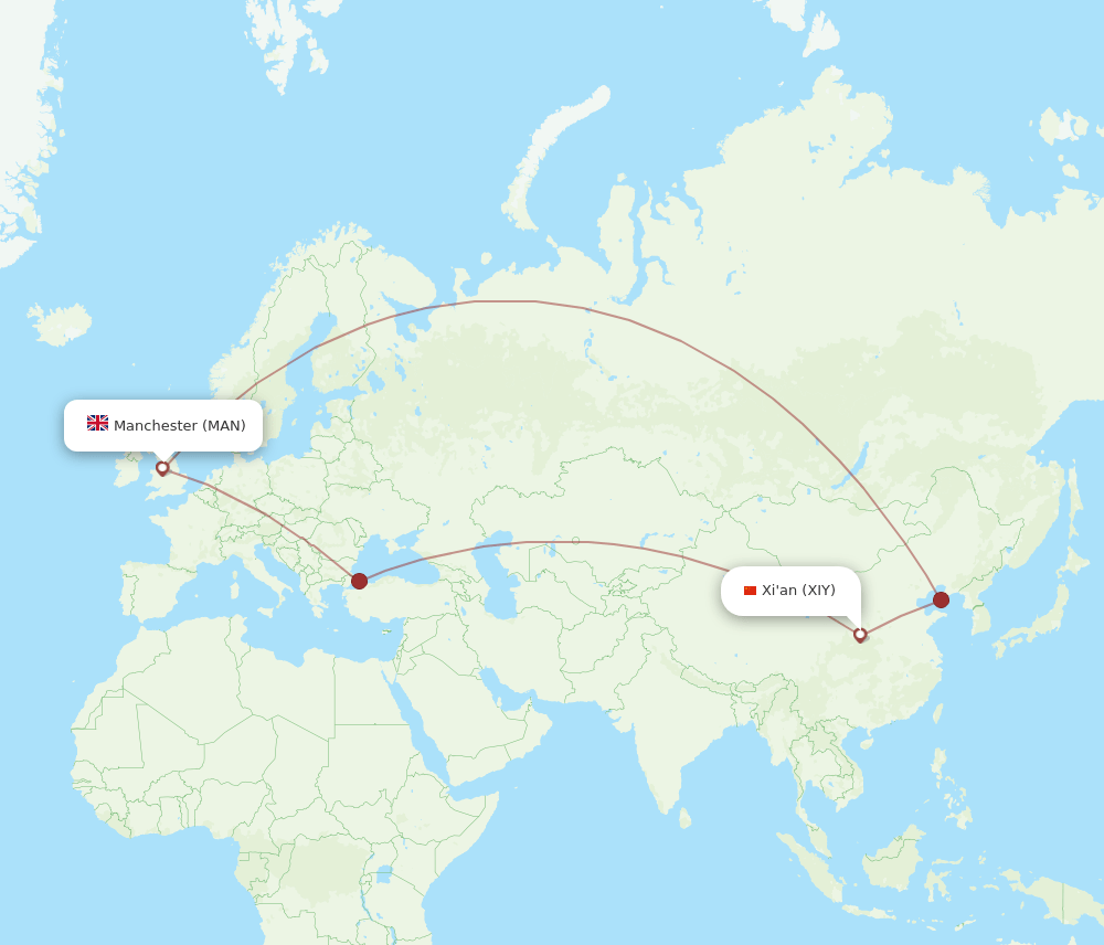 MAN to XIY flights and routes map