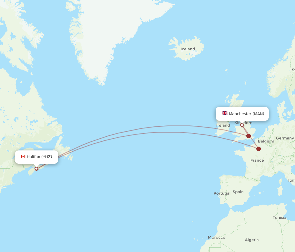 MAN to YHZ flights and routes map
