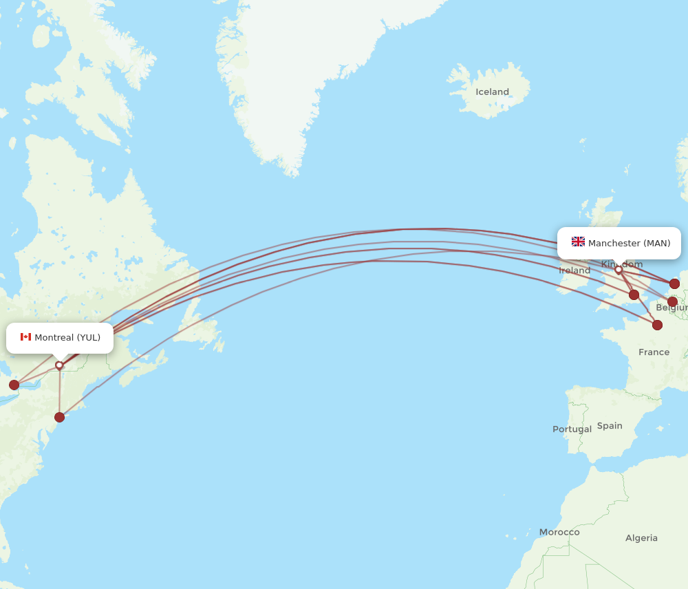 MAN to YUL flights and routes map