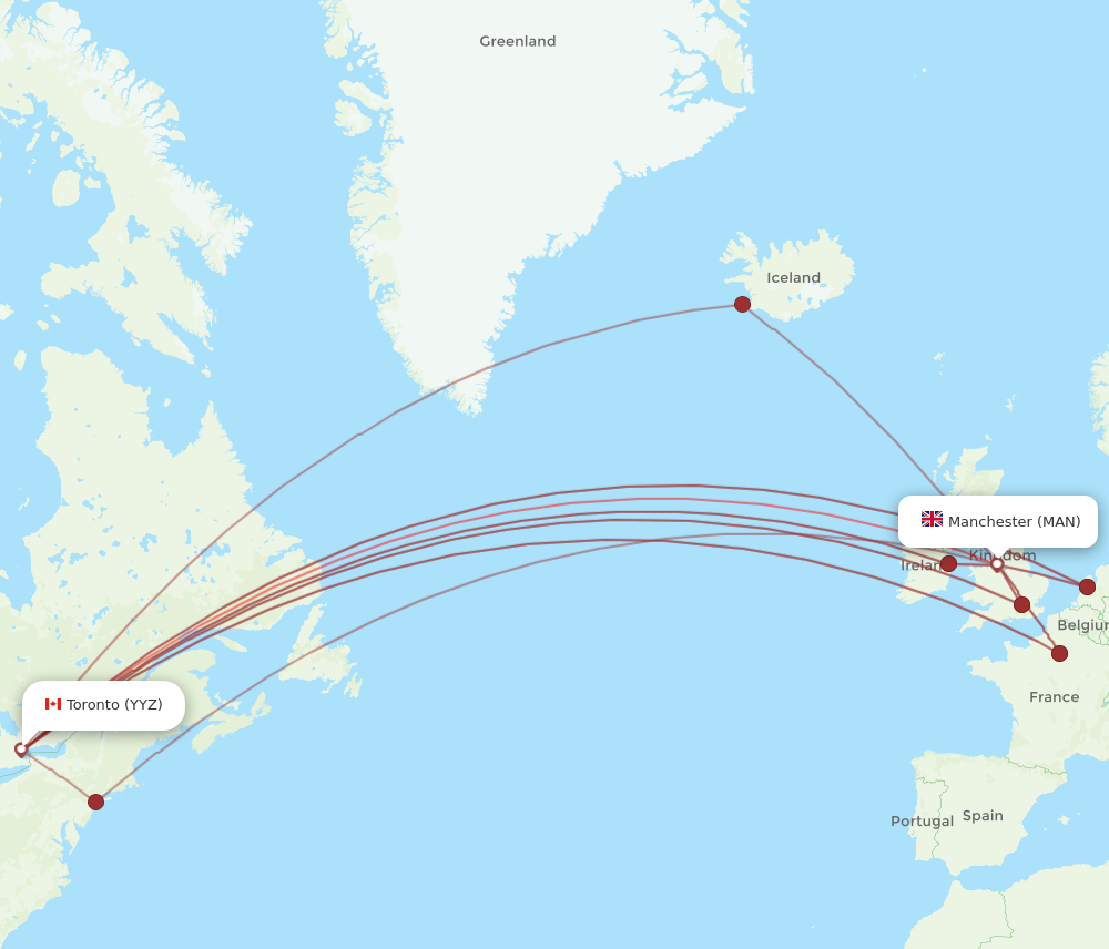 MAN to YYZ flights and routes map