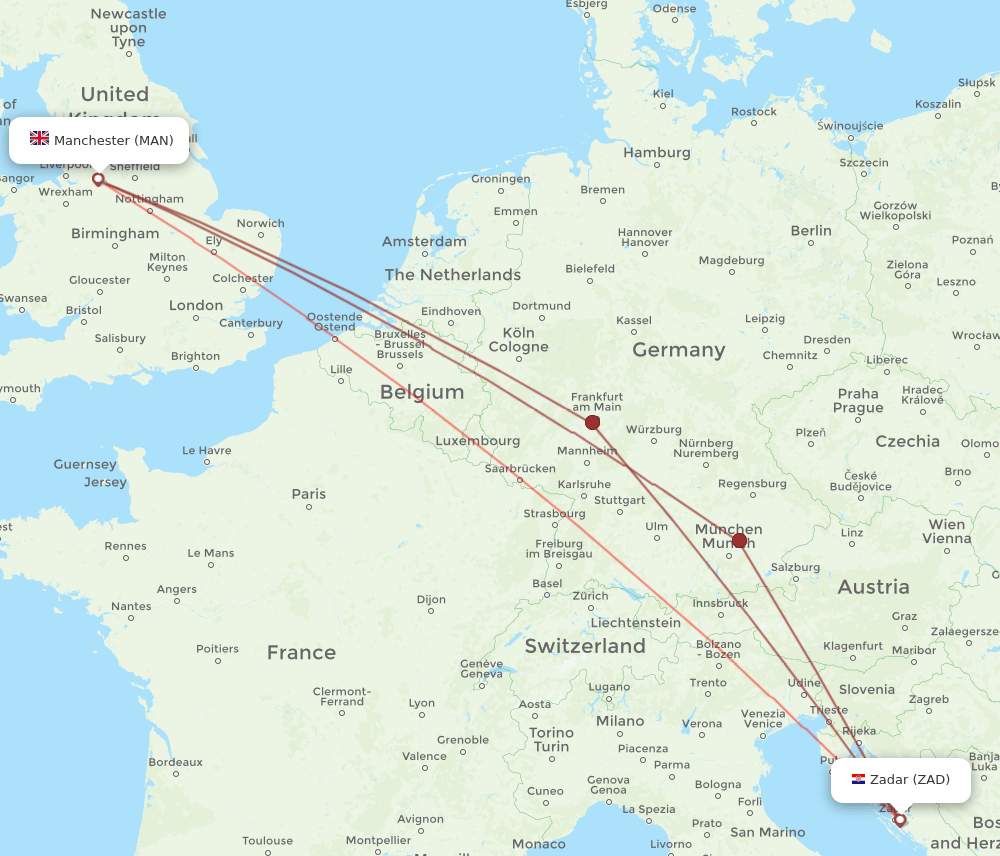 MAN to ZAD flights and routes map