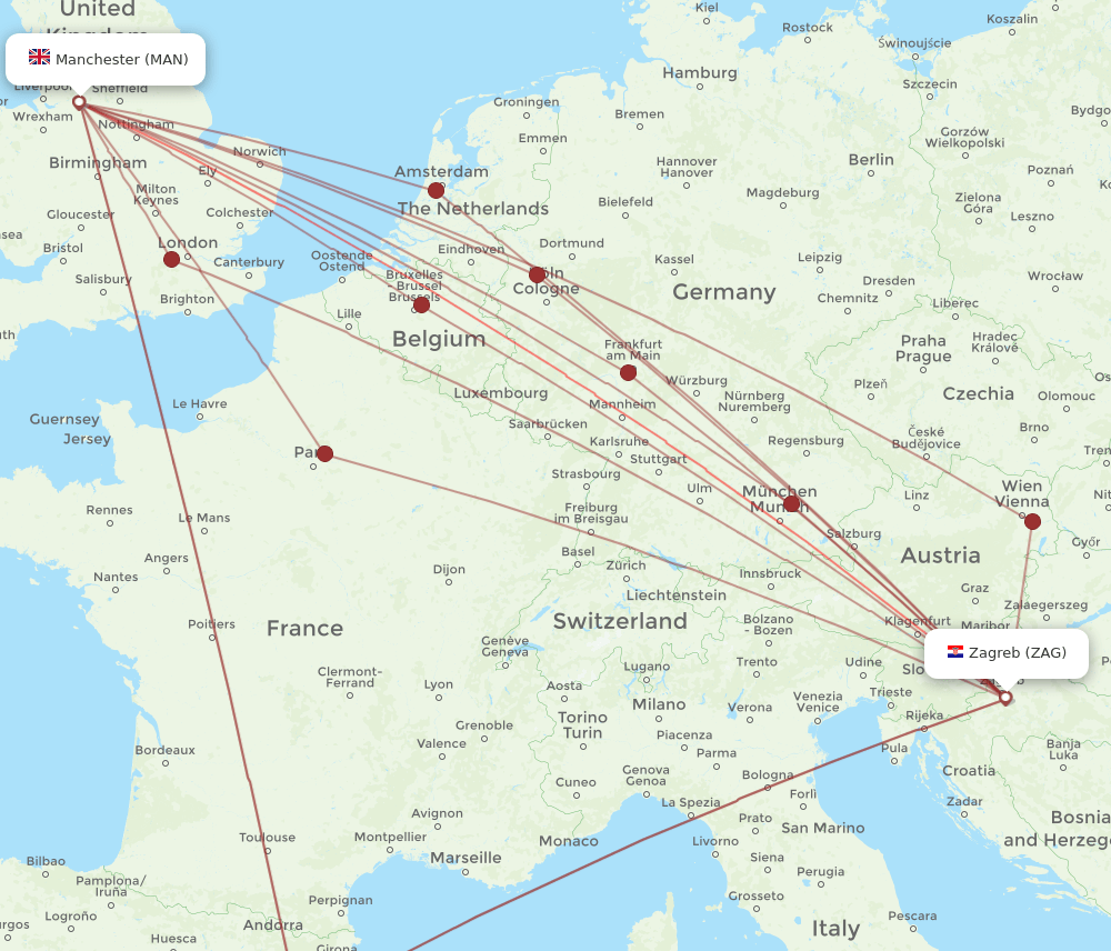 MAN to ZAG flights and routes map