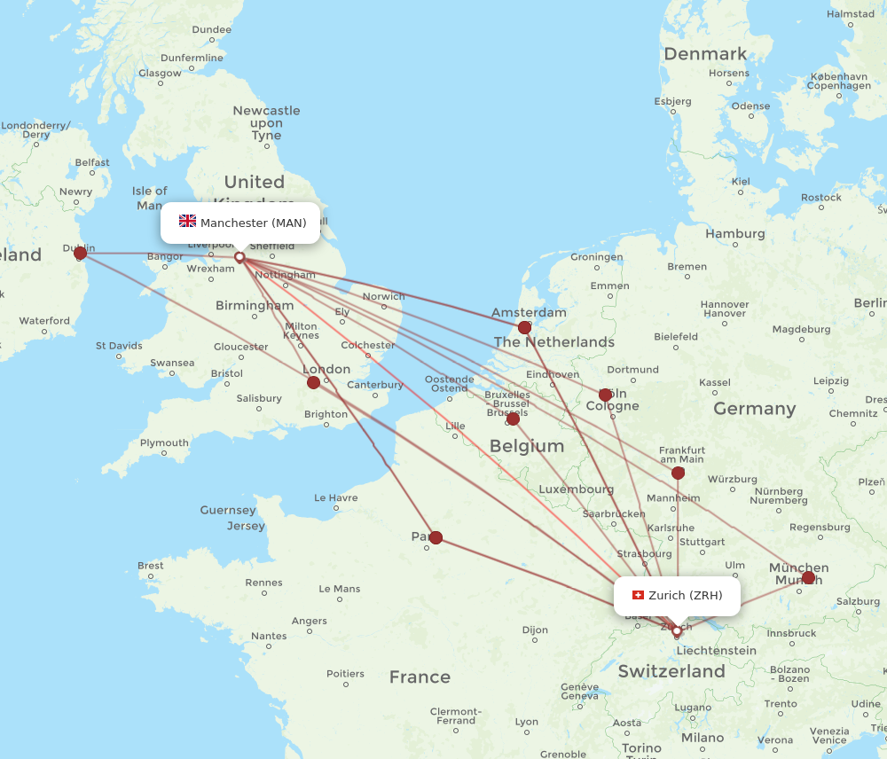 MAN to ZRH flights and routes map