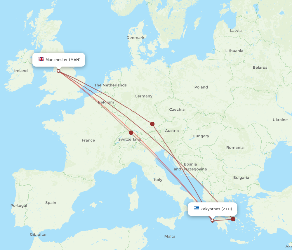 MAN to ZTH flights and routes map
