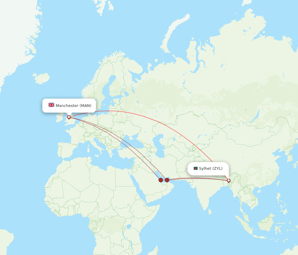 MAN to ZYL flights and routes map