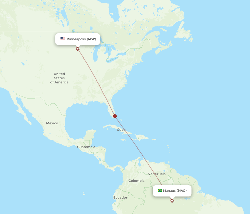Minneapolis - Manaus route map and flight paths