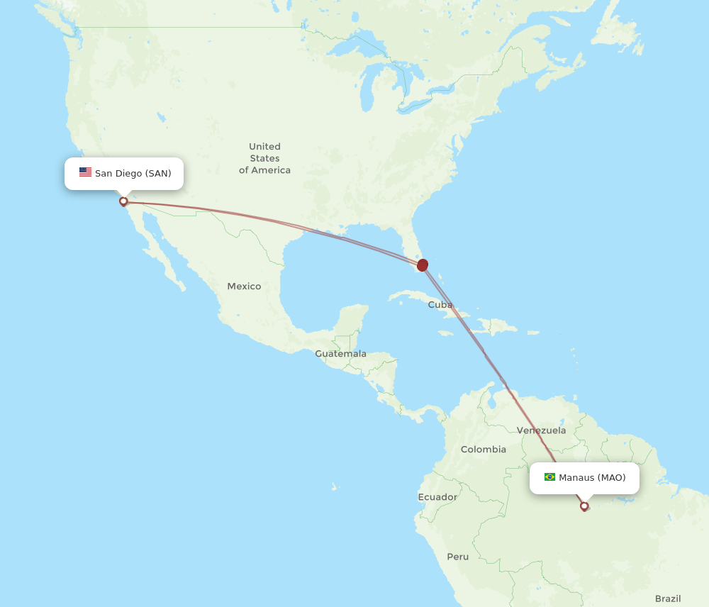 Manaus - San Diego route map and flight paths