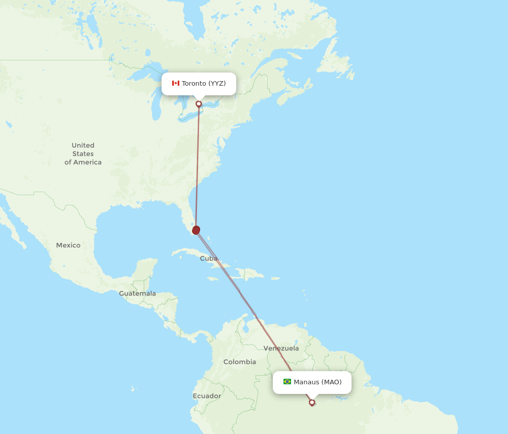 Toronto - Manaus route map and flight paths