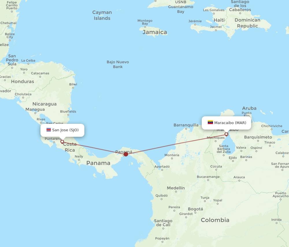 MAR to SJO flights and routes map