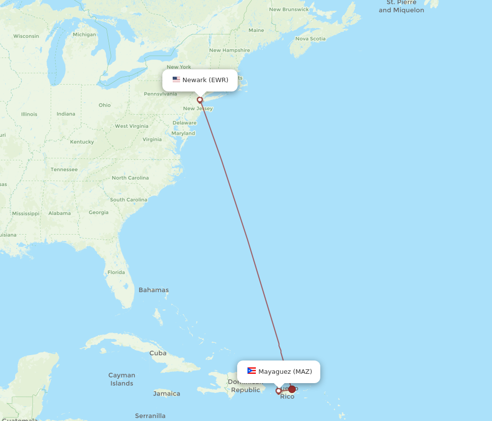 MAZ to EWR flights and routes map