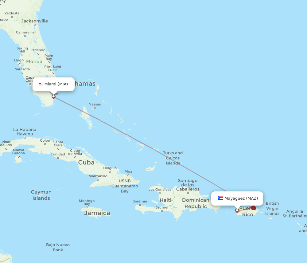 MAZ to MIA flights and routes map