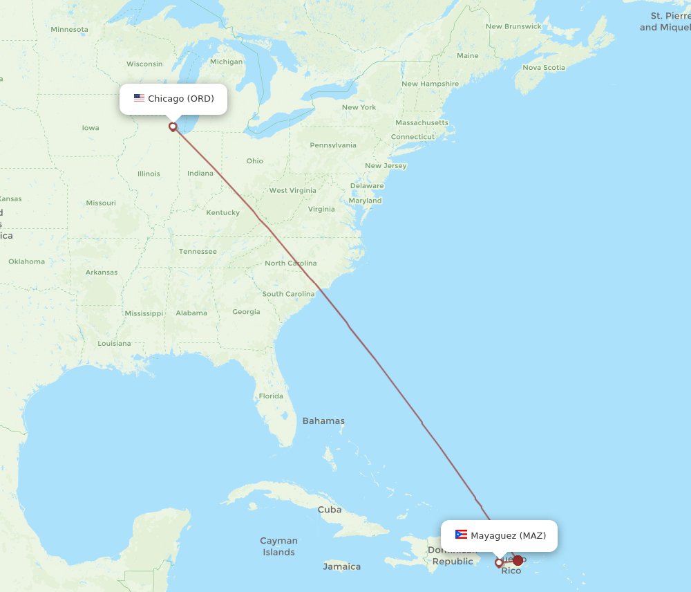 MAZ to ORD flights and routes map